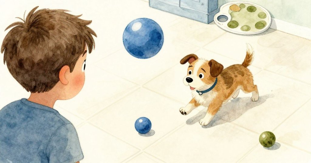 Milo 從身後望向陽光下的磚瓦路，橡膠球跳動，Ziggy 興奮追逐，畫面充滿動感與活力。