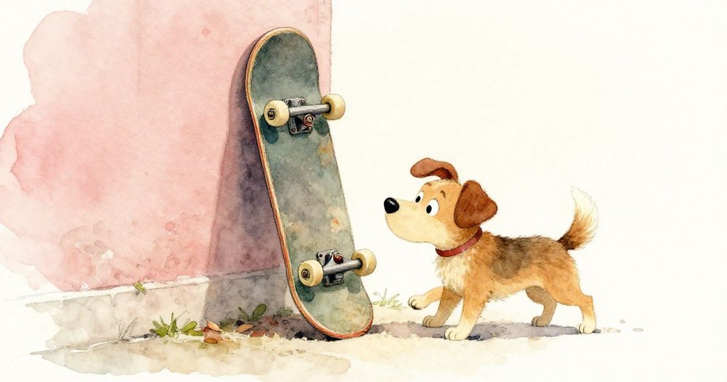 隱蔽角落中滑板靜靜躺著，Ziggy 調皮地撞向滑板，牆邊光影交錯，隱藏驚喜悄然展現。