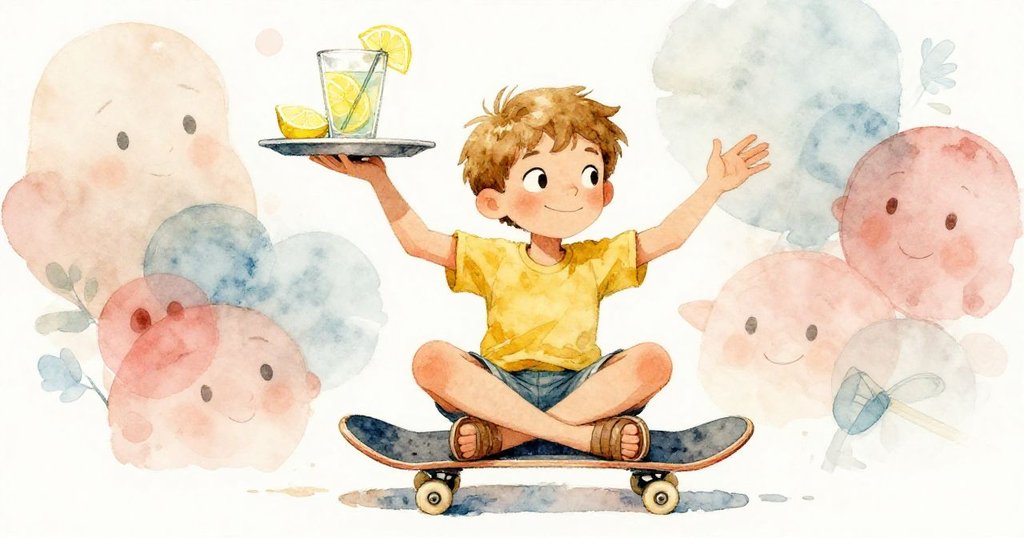 Milo 坐在滑板上運用創意平衡檸檬水托盤，臉上滿懷決心，動感十足地滑越光滑瓷磚，表現智慧與大膽。