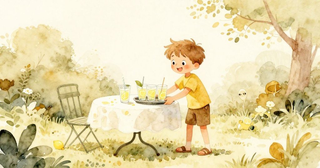 Milo 將檸檬水托盤輕放在花園桌上，柔和陽光灑滿草地並透過圍欄傳來遠方聲音，溫馨告別小冒險。
