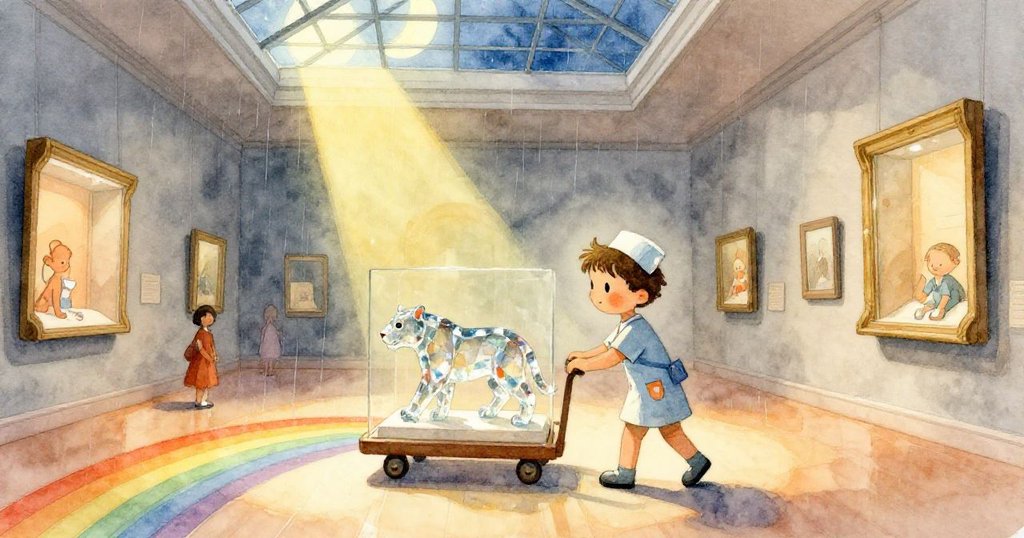 菲利克斯在博物館月光下推著展示車,彩虹灑落瓷磚,展現神秘開場與任務開始情境。