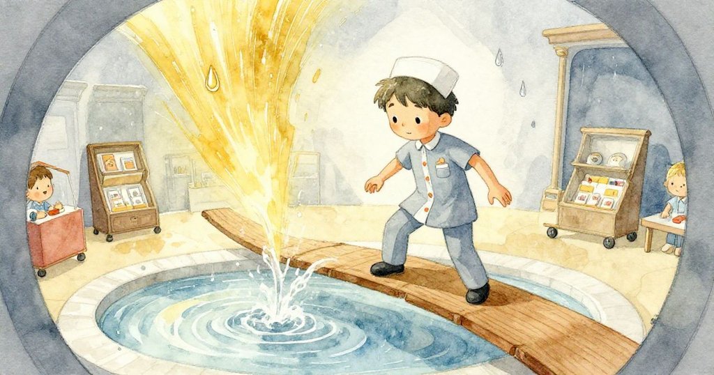 Felix在博物館中央平台上努力穩住展示車,木板彎曲,水滴敲擊展現緊張戲劇瞬間。