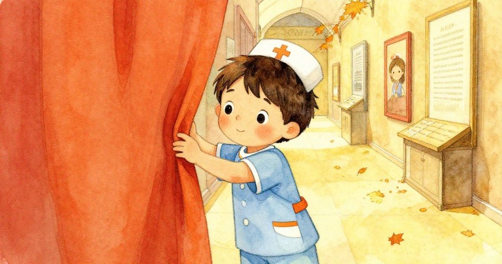 Felix在溫暖照明的博物館走廊中拉開布簾取出木板,窗外秋葉飄零,滿懷驚喜發現新希望。