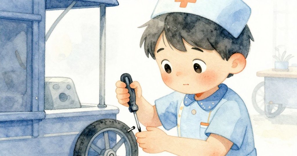 Felix專注用螺絲起子調整卡住的展示車輪,手與臉部細節顯現解決困難時的沉著與舒緩。