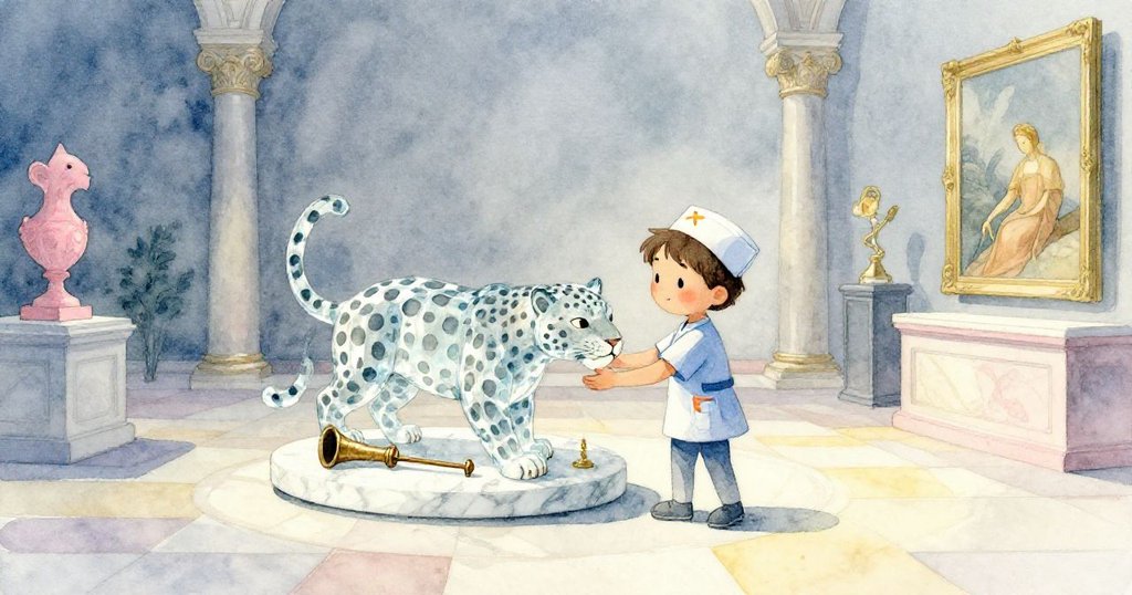 Felix將水晶美洲獅安放於大理石盤上,隱藏管與微權杖閃現,水波細紋間展現喜悅與靜謐圓滿結局。