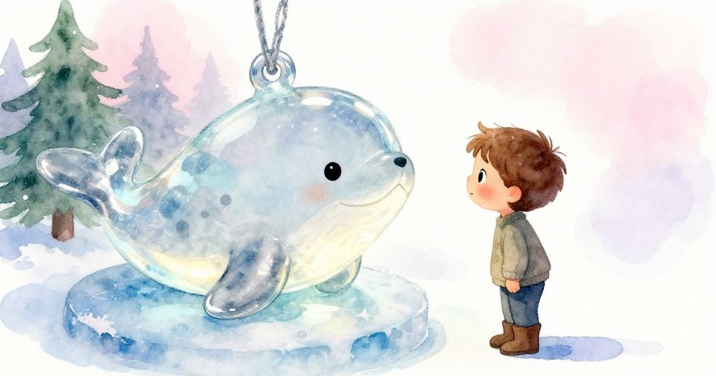 米洛凝視著陳列在貨架上的發光玻璃海象,冰藍底座映出微光,他流露出驚奇與敬畏,細膩呈現物件魅力。