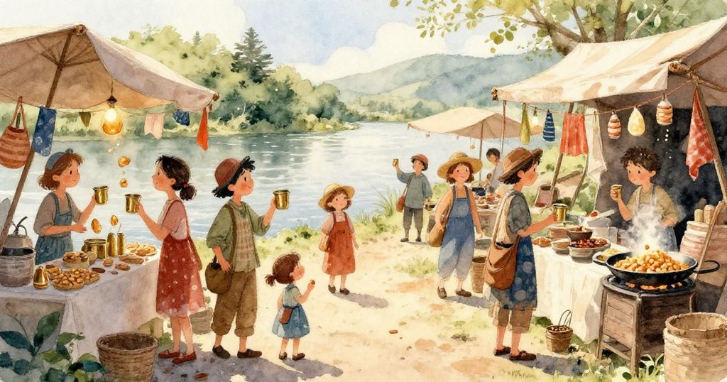 熱氣從烤花生的鍋中升起,迷霧彌漫攤位,販子忙碌翻炒,米洛在背景中若隱若現,呈現夢幻市集景象。