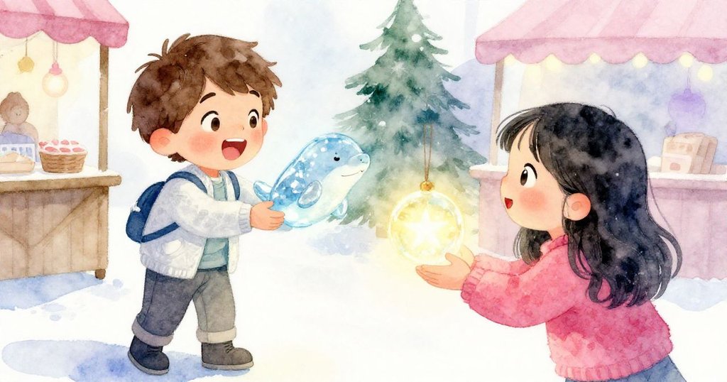 莉娜笑著出現,手持發光玻璃海象,米洛滿臉驚愕舉手,溫暖市集中展現出動人互動場景。