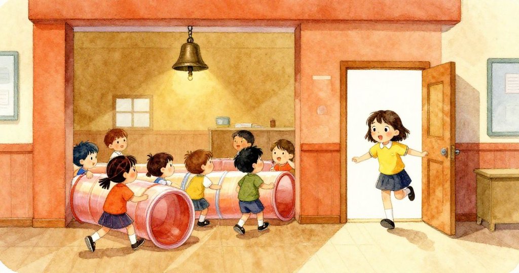 Mila穿越光芒四射的館口,低垂鐘聲陪伴,孩子們在管迷宮中穿梭,充滿期待與冒險氛圍。