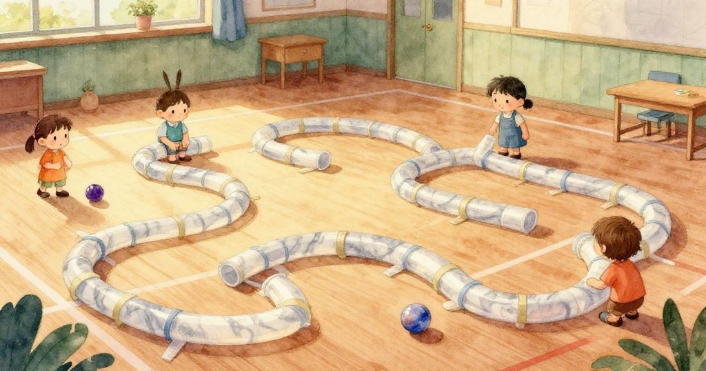 Mila低頭觸碰古銅色硬幣,精細塑膠管旁展現啟發時刻,表情專注且充滿期待。