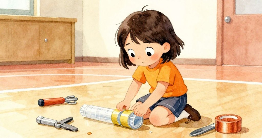 Mila跪地修補斷裂塑膠管,低角度展現專注表情與努力動作,工具零件點綴背景。