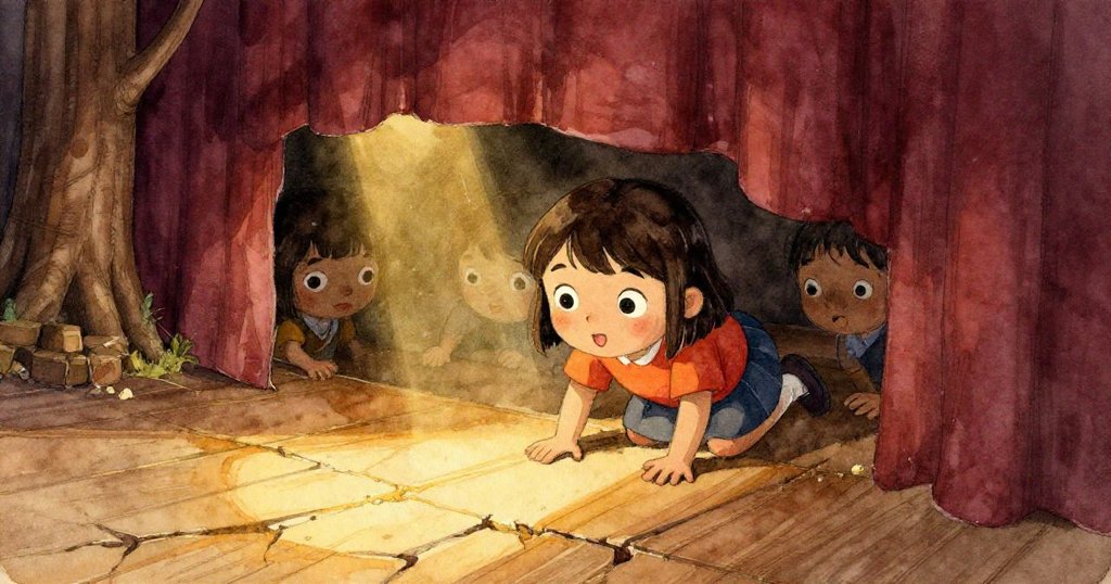 Mila小心爬入舞台暗角,微弱金光從縫隙灑下,探索未知空間,展現堅毅與好奇。