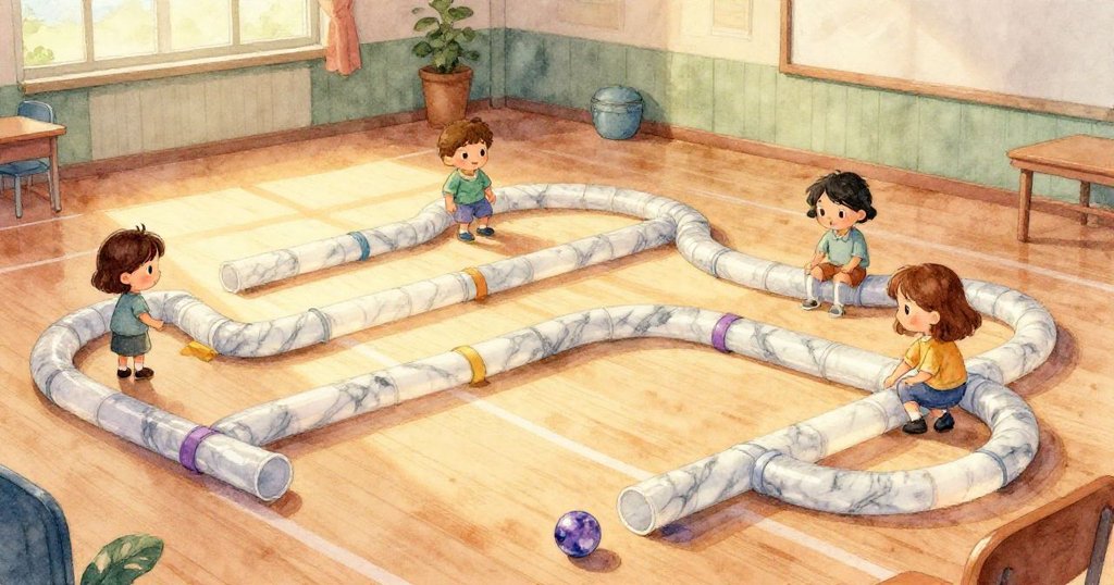 金屬硬幣迅速滾過彩色塑膠管網,評審遠觀記錄,動感緊張充滿冒險氣息。