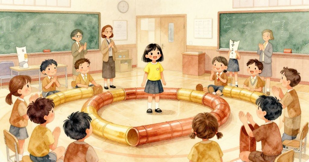 Mila站在充滿創意管道的體育館中微笑,硬幣輕敲鈴聲迴盪,孩子和評審同享寧靜幸福。