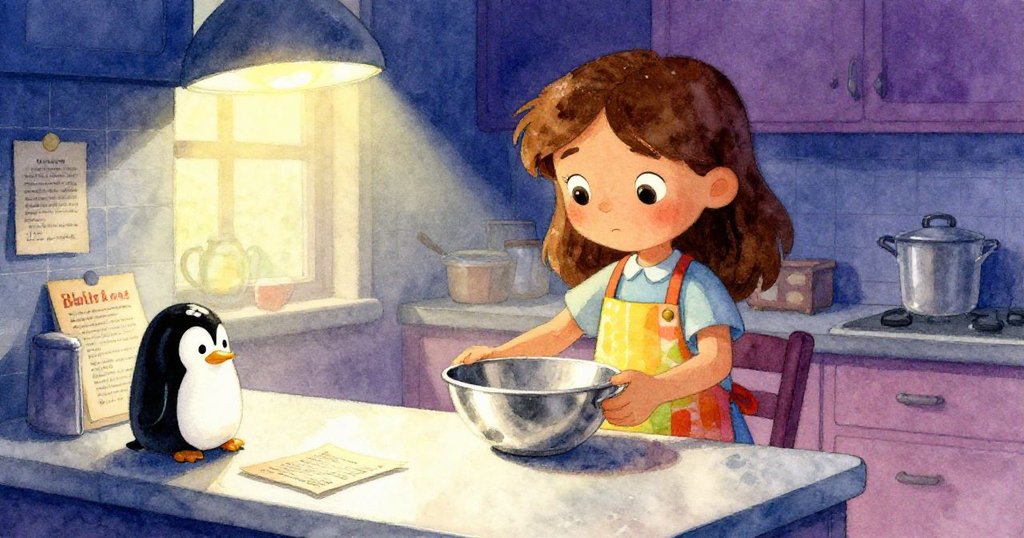 Carla在校廚房中小心放置銀碗，陶瓷企鵝計時器和配方卡在旁，散發著柑橘與香草的溫暖香氣，充滿期待。