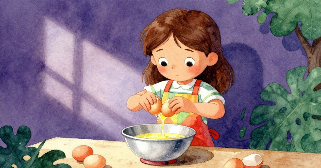 Carla在廚房中打蛋倒汁，銀碗旁出現細膩黃流，動作中透露出驚訝與專注，氣氛緊張而溫暖。