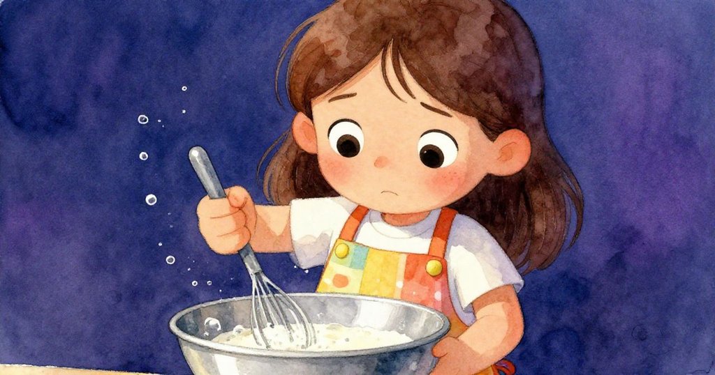 Carla專注且擔憂地使用打蛋器攪拌銀碗內混合物，臉上展現堅定與緊張，廚房場景細膩真實。