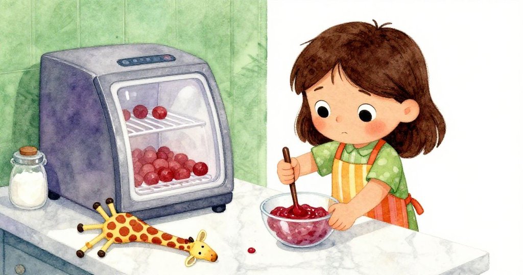 Carla在大理石台面上小心操作混合物，旁邊翻倒的玩具長頸鹿與糖罐增添意外，情景忙亂卻堅定。