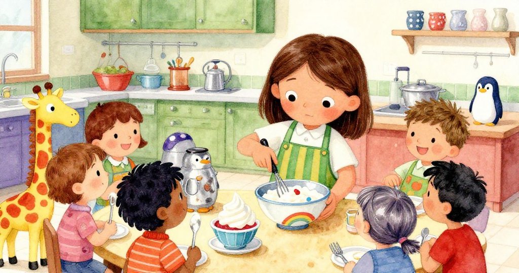 Carla重新攪拌混合物，同學圍觀並品嘗意外甜點，現場熱鬧歡喜，笑容洋溢充滿驚喜。