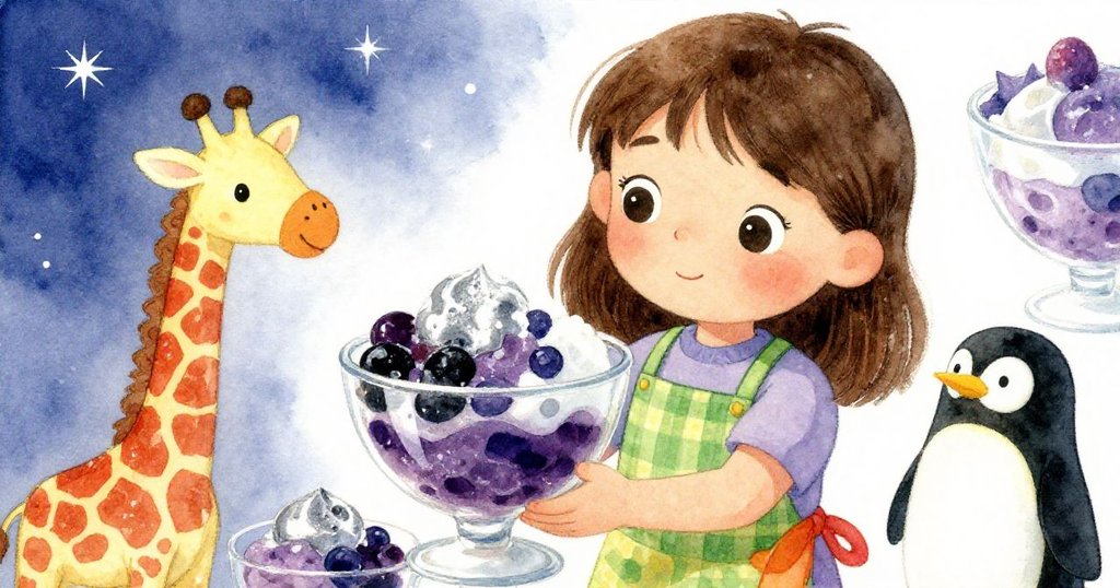 Carla滿懷喜悅將凍霜甜點裝入玻璃碗，玩具長頸鹿與陶瓷企鵝依偎在碗邊，結束了一段充滿創意與溫馨的旅程。