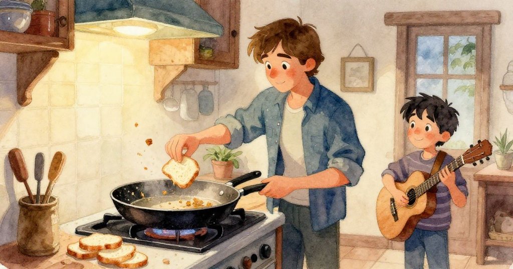 莉亞姆在溫暖小屋廚房內忙碌，透過窗戶可見家庭溫馨景象，傍晚光線灑落，小屋外景靜謐。