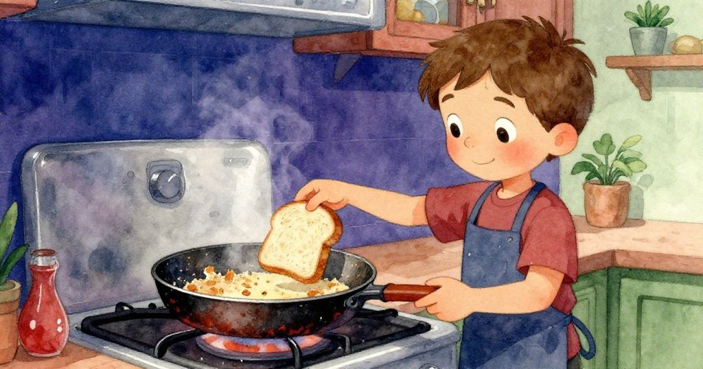 莉亞姆在溫暖廚房認真放麵包進鍋，鍋中餅屑隱露，表情專注，細節豐富，情境生動。