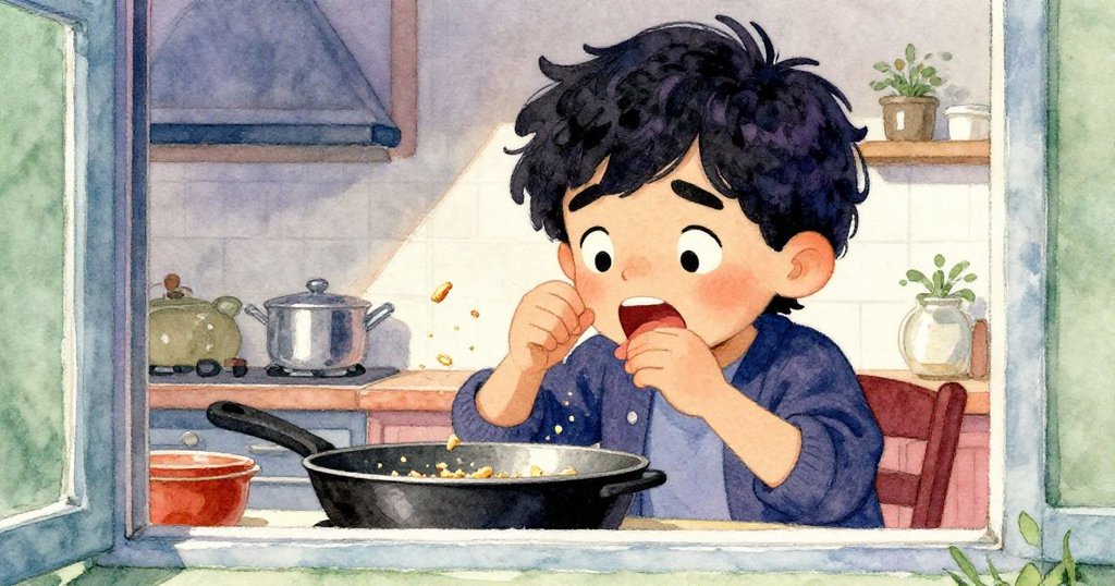 杰伊在廚房窗邊透過玻璃凝視，因看見鍋中餅屑而咳嗽，表情既驚訝又關切，場景溫馨。