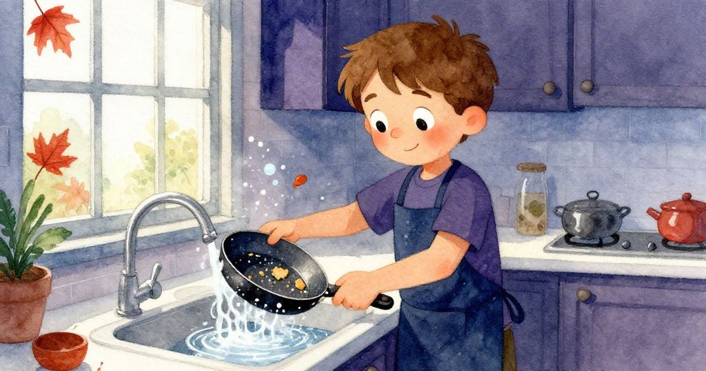 莉亞姆迅速擦拭鍋面，水流旋轉帶走餅屑，窗外透出秋季落葉與溫暖光線，情境生動。