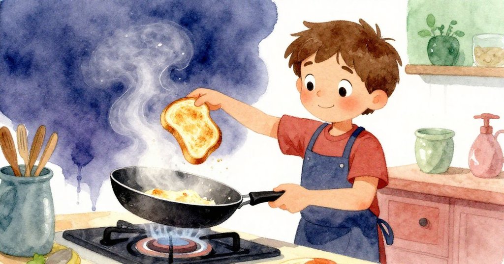 莉亞姆在爐邊生動翻轉金黃麵包，熱氣蒸騰，動作充滿活力，表情專注且興奮，廚房場景溫馨。