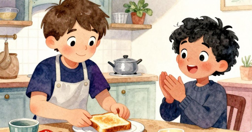 莉亞姆將金黃麵包片放上盤子，杰伊熱情拍手慶祝，表情洋溢幸福，溫馨廚房中共享美好時光。