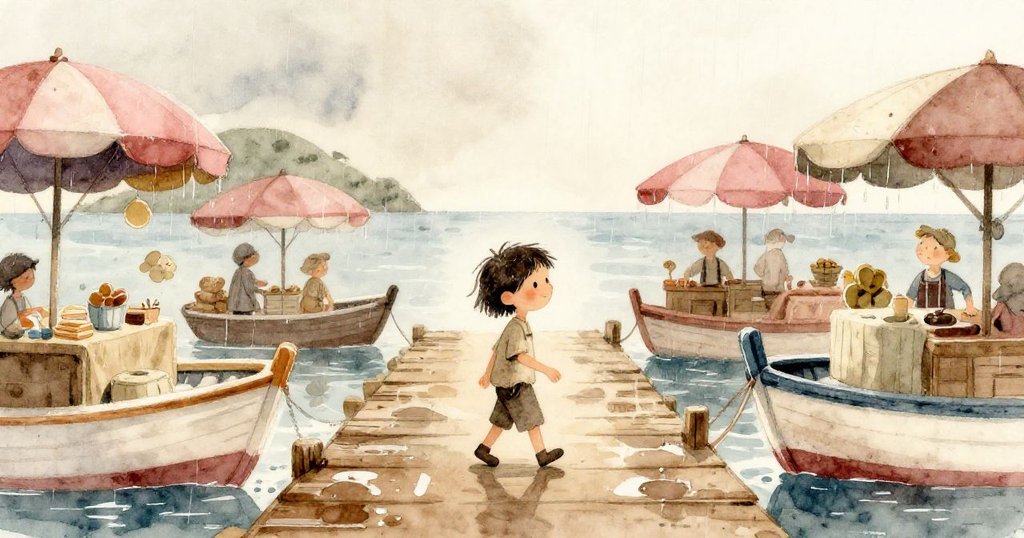 馬林在潮濕碼頭上小心步行，背後市場與彩繪船影明亮，神情帶著期待與專注