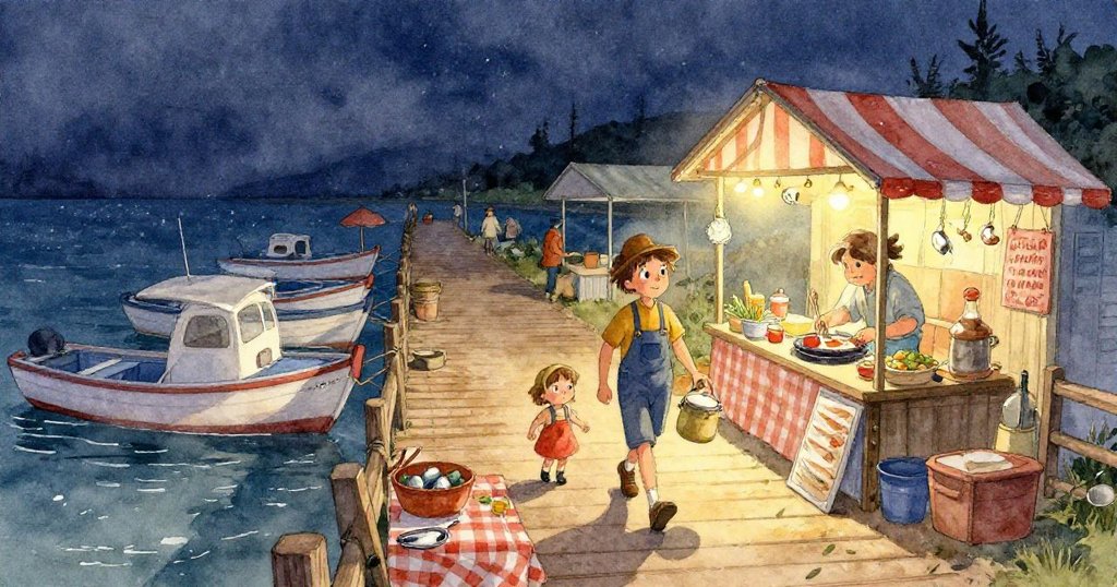 馬林的褲管上沾滿細小水滴，濕潤木板紋理清晰，細節展現市場早晨氣氛