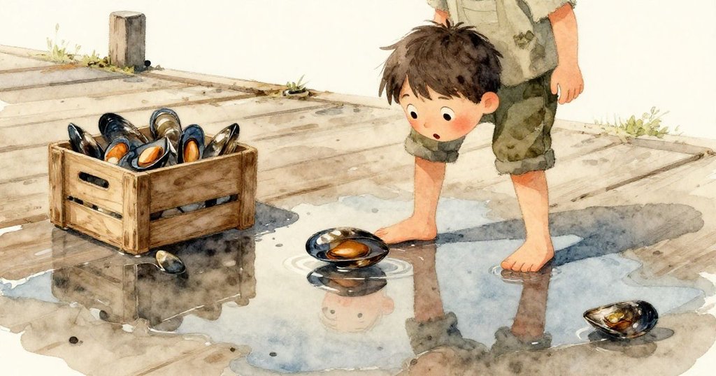 馬林在潮濕水潭中看到自己驚訝的倒影，旁邊貝殼箱滑向腿邊，環境充滿市場生氣