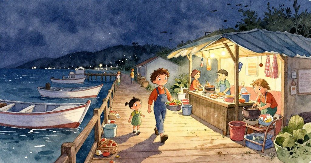 從水下視角看見馬林腿邊閃爍的貝蠔殼，水光流動，呈現自然市場濕潤之美