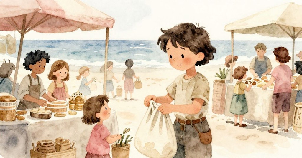 市場中人潮熙攘，馬林把布袋收好，攤販與購客皆露溫暖笑容，洋溢著歡樂市場氛圍