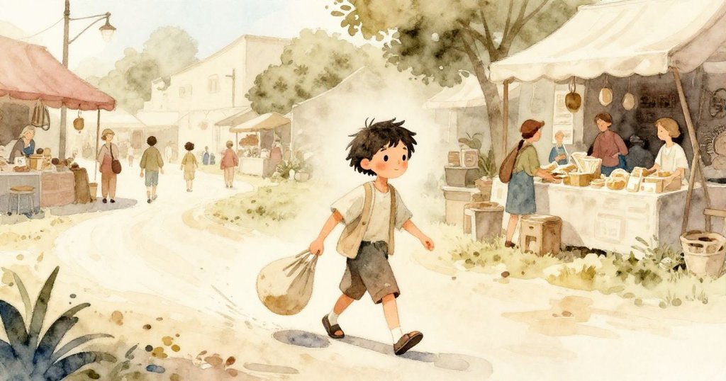 馬林在陽光灑落沙路上自信前行，布袋隨步伐擺動，市場遠影象徵新開始，神情充滿決心