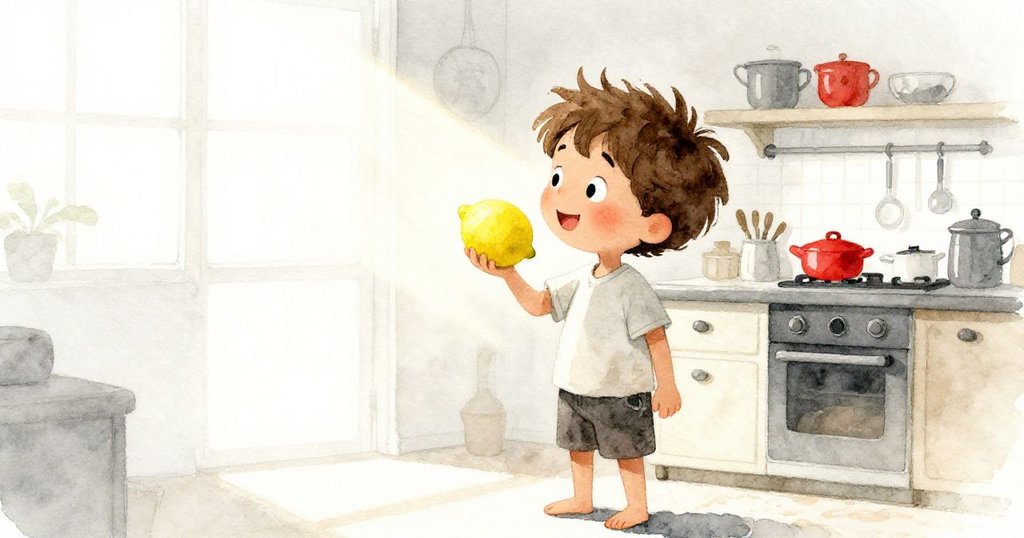 小男孩 Leo 站在溫暖明亮的廚房中,手持閃亮檸檬,輪廓映襯在窗外的陽光中,充滿期待與好奇。