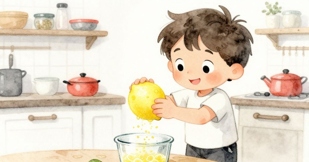 小男孩 Leo 在廚房中專注地用磨器擦檬檬,細碎檸檬皮與冷冽檸檬汁落入玻璃杯中,表情充滿好奇與專注。