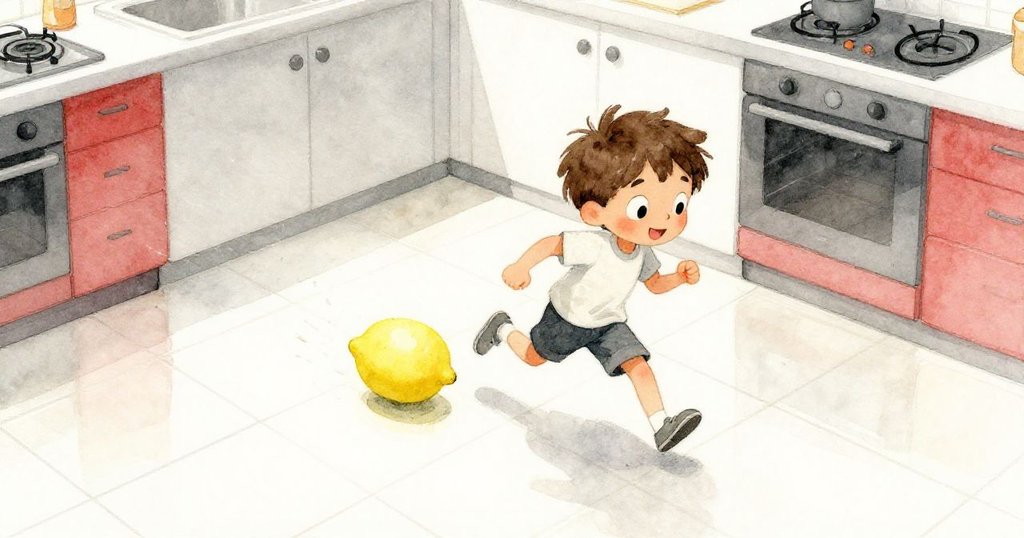 從高處俯瞰,小男孩 Leo 快步追逐在光亮瓷磚上滾動的檸檬,活力四射,呈現出童趣與動感的場景。