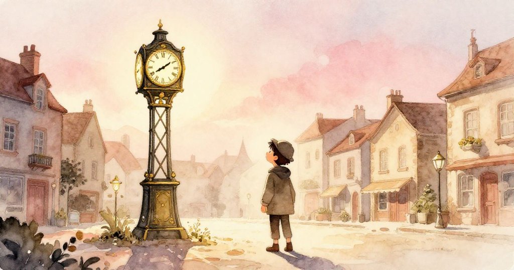 Milo穿著輕便外套持相機走入寧靜鎮廣場,背對古老鐘樓,晨光中透出期待與冒險精神