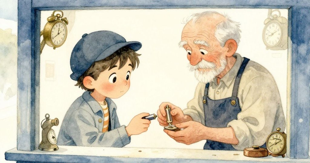 Milo急忙走入古樸亭子,與和藹老鐘錶匠交換備用電池,雙方目光中透露著焦急與希望
