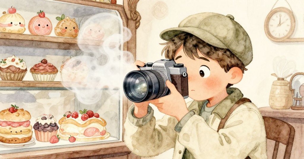 Milo在溫馨麵包店內專注擦拭濁霧覆鏡頭,蒸氣交織出扭曲景象,臉上流露堅定決心