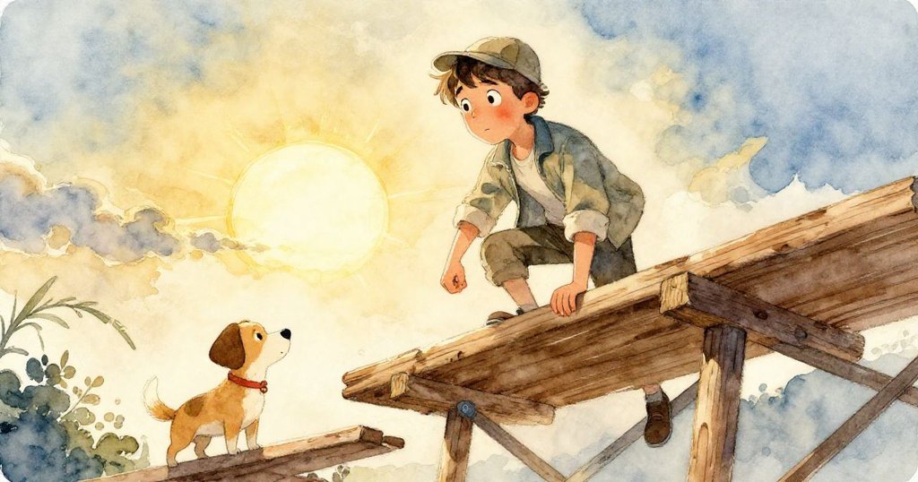 Milo攀爬晃動木板至高露臺,小狗守護下方,初曦金暈映照,臉上充滿堅毅與冒險勇氣