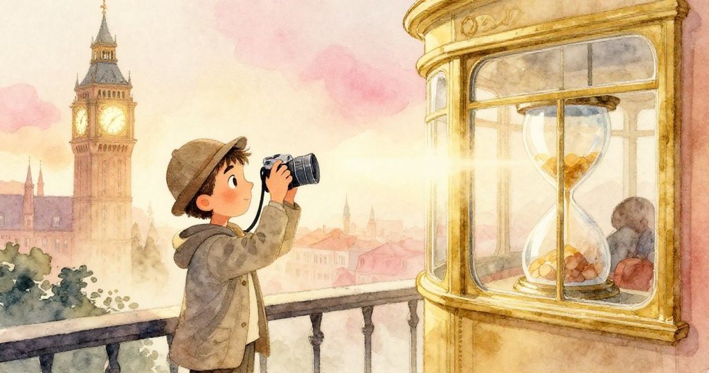 Milo在露臺上按下快門,捕捉鐘樓被金光環繞與電車窗成沙漏倒影的奇景,臉上充滿驚喜