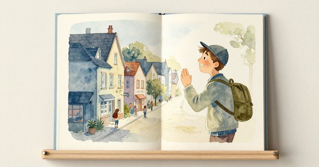 Milo帶著滿足笑容從畫廊樓梯走下,展示架上陳列著他的最終印象,小鎮晨光中充滿溫暖與回憶