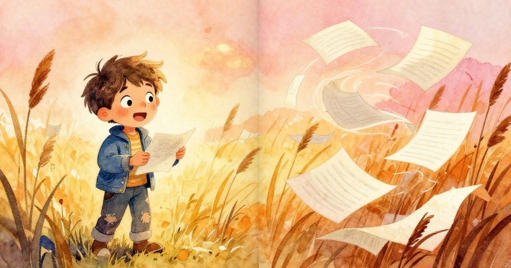 喬丹興奮握住速寫本，書頁在夕陽微風吹拂下飄動，分格畫面展現探索與驚奇