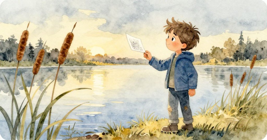 喬丹停在池塘邊，夕陽微光中風拂速寫本與蘆葦，畫面充滿安詳與轉變