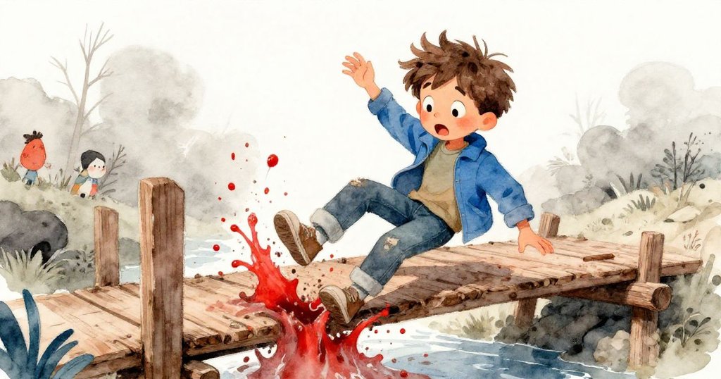 喬丹在老木橋上鞋子打滑，雙臂驟張掙扎中濺起泥濘，畫面緊張而生動