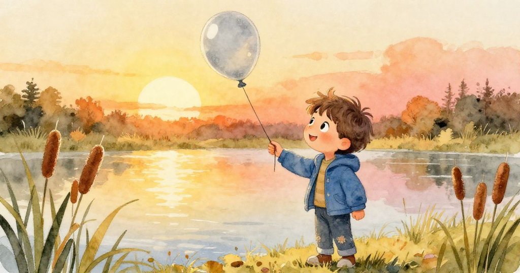 喬丹在夕陽下寧靜池塘邊用鉛筆速寫發現的銀色氣球，滿臉喜悅，畫面溫暖而寧靜