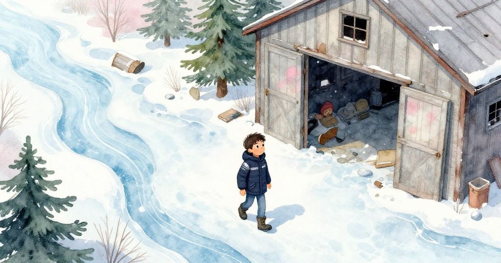 Leo走向打開門的老倉庫，遠處冰河閃爍著藍白色光澤，充滿好奇與期待，展現探索故事開始